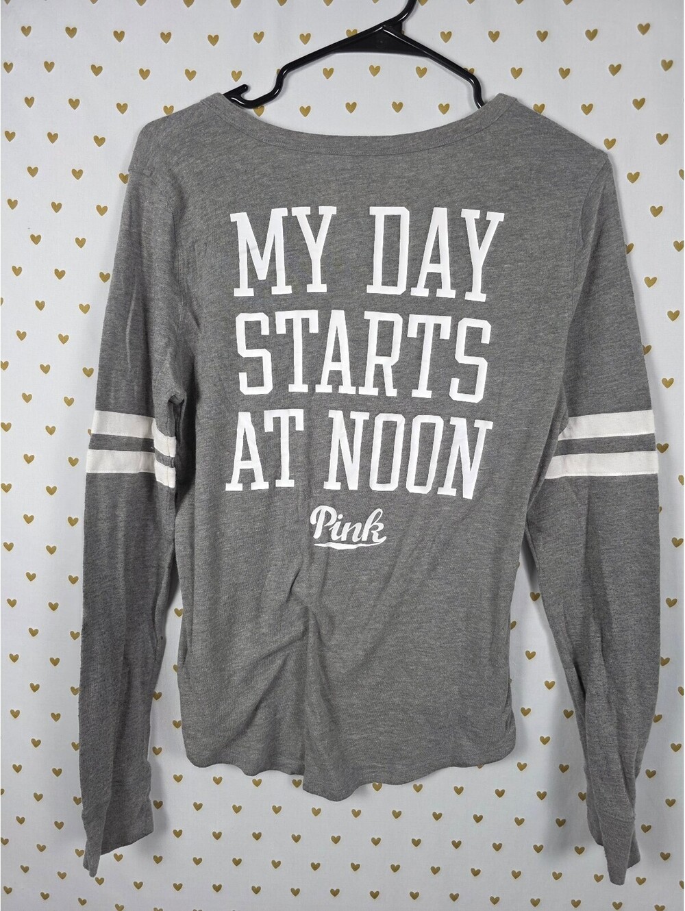 Victorias Secret PINK MY DAY STARTS AT NOON Henley Grey Shirt MEDIUM